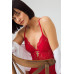 Red Snap Back Low Cut Transparent Covered Lace Bodysuit