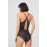 Navy Blue Snap Lace Transparent Back Cross String Bodysuit
